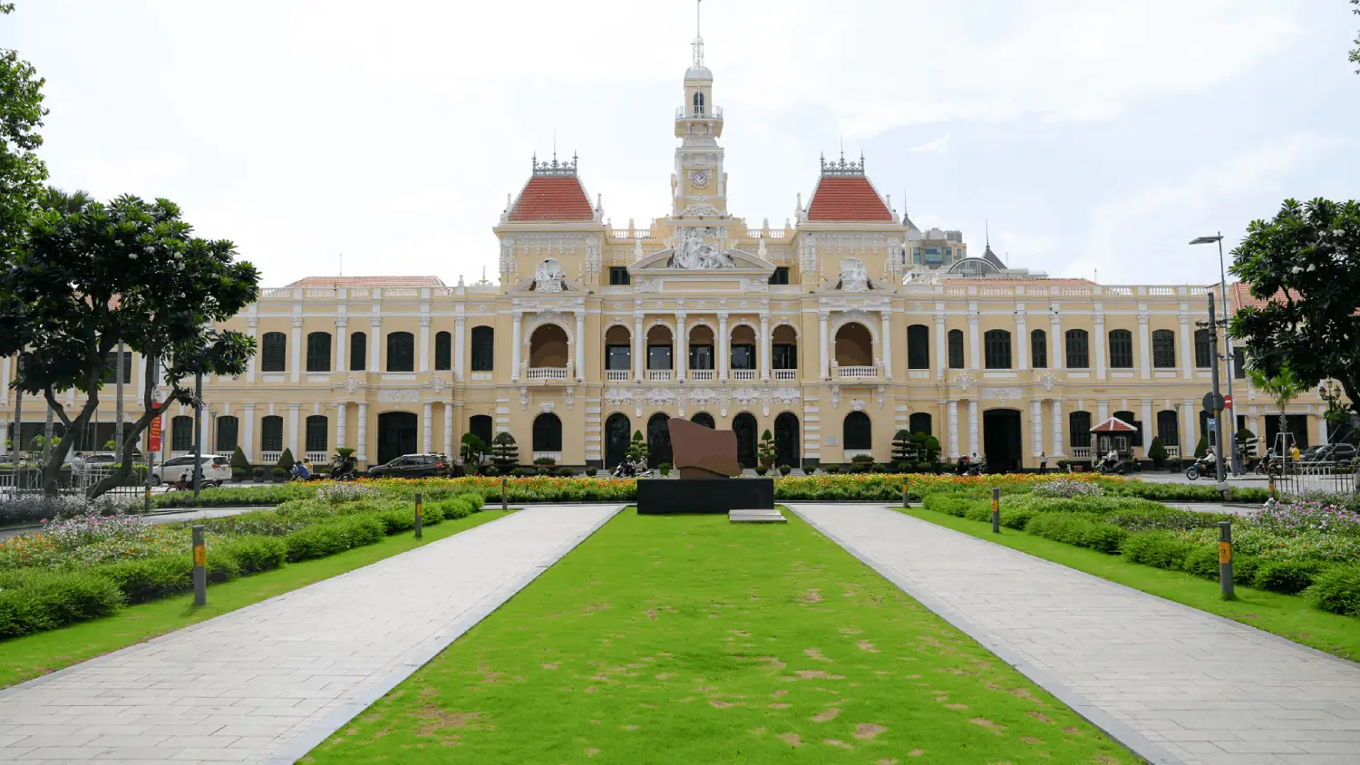 Ho Chi Minh City Hall — French colonial Beaux-Arts façade with clock tower in District 1, Saigon