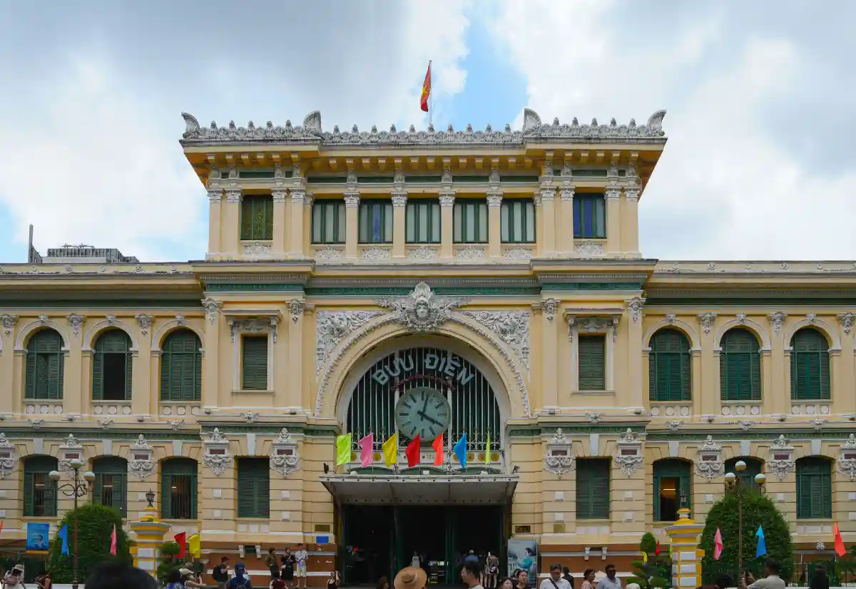 Front façade of the Saigon Central Post Office with its iconic clock and arched entrance in District 1, Ho Chi Minh City