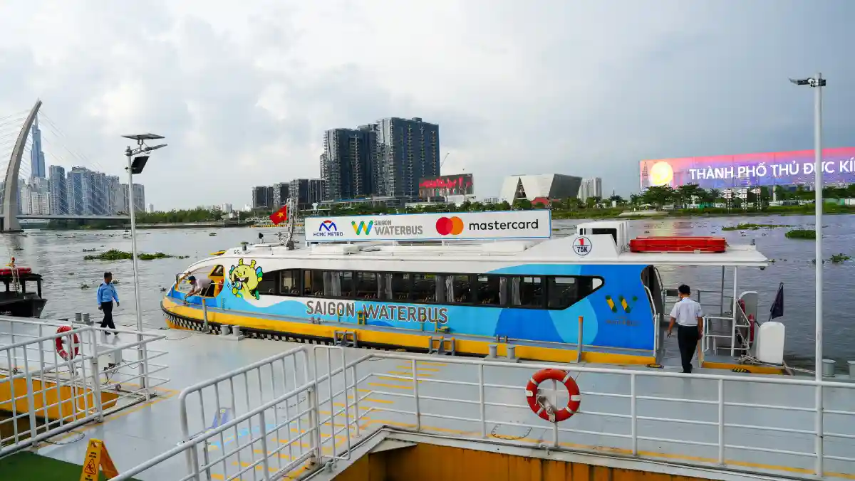 Saigon Waterbus at Bach Dang Wharf with the Thu Duc City skyline across the Saigon River, District 1, Ho Chi Minh City