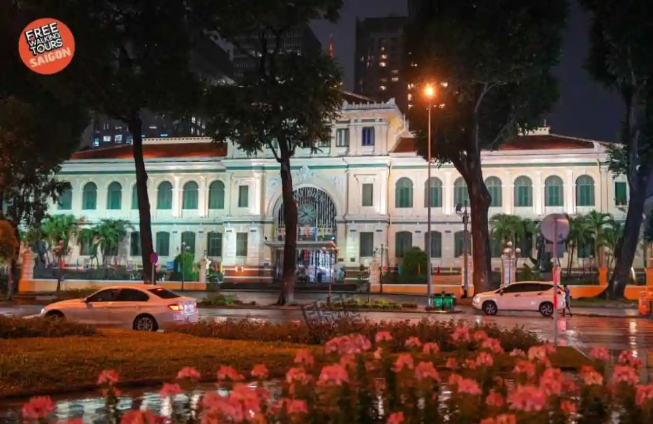 Saigon Central Post Office illuminated at night, a French colonial landmark a short walk from Ho Chi Minh City Hall in District 1