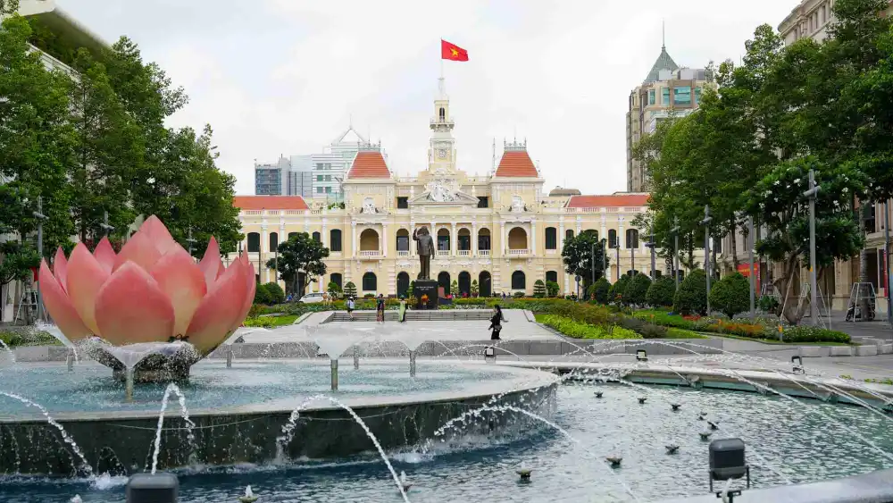 Ho Chi Minh City Hall and its lotus fountain on Nguyen Hue plaza in District 1